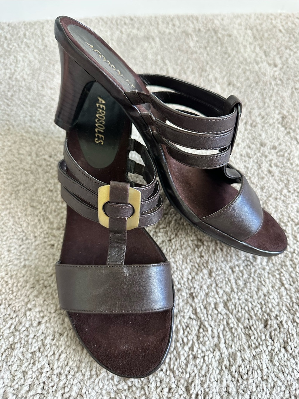 AEROSOLES Dark Brown Leather Strappy Heeled Sandals with Gold Buckle size 8
